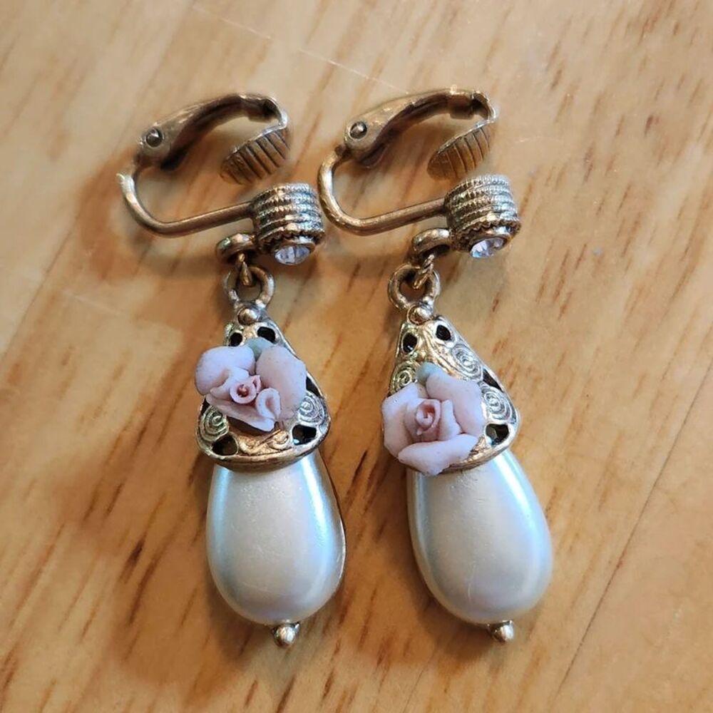 Faux Pearl and Rose Clip-On Earrings